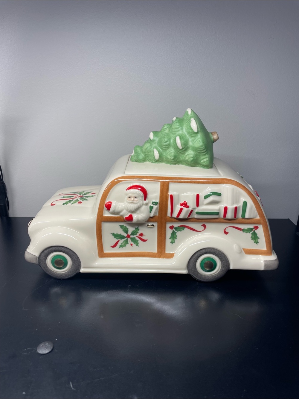 Lenox White, Green & Red Santa Station Wagon Cookie Jar
